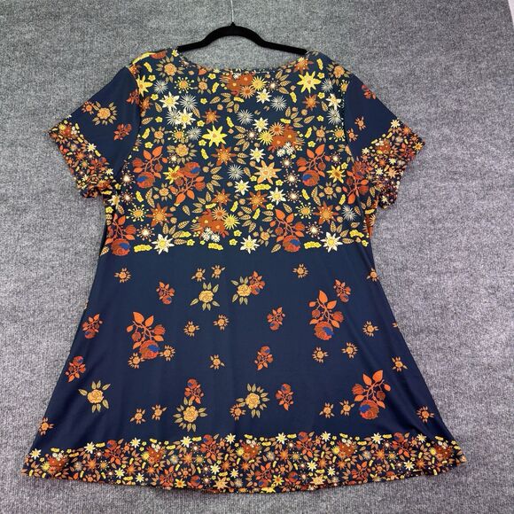 Lily by Firmiana Women’s 2XL Floral Tunic Top Short Sleeve Navy Orange Boho - Picture 7 of 10